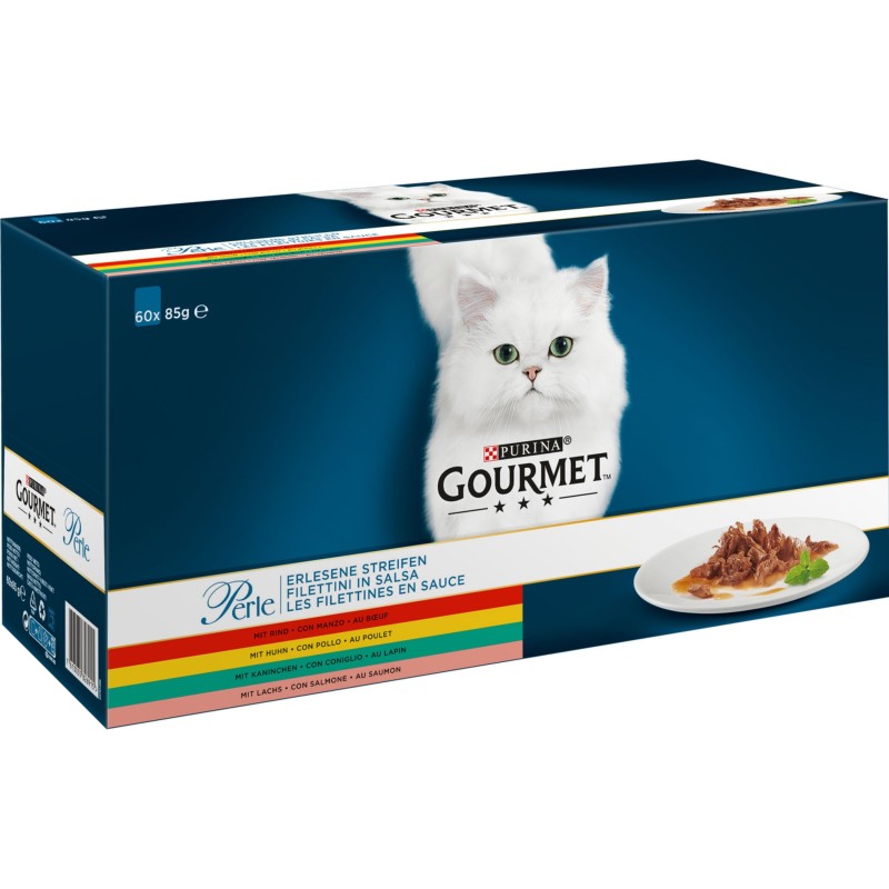 GOURMET x 60 FILLETINES SAUCE BOEUF POULET LAPIN SAUMON ( 60 x 85gr)