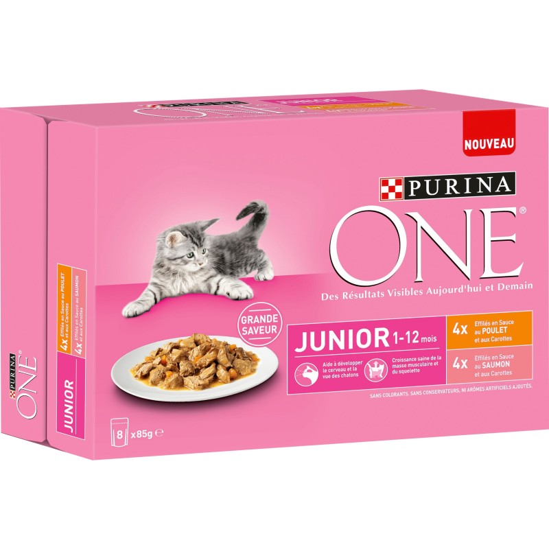 POCHON ONE JUNIOR 8 x 85gr effilés sauce :saumon, poulet ( ctn 10pcs )