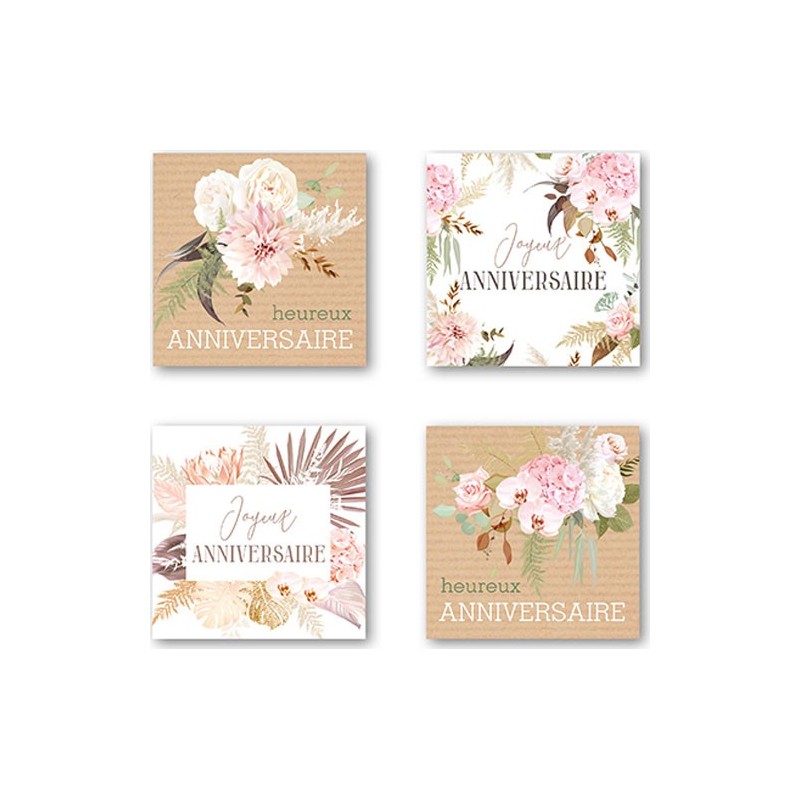 ETIQUETTES JOYEUX ANNIVERSAIRE 4 MOTIFS D35MM BOITE DE 500