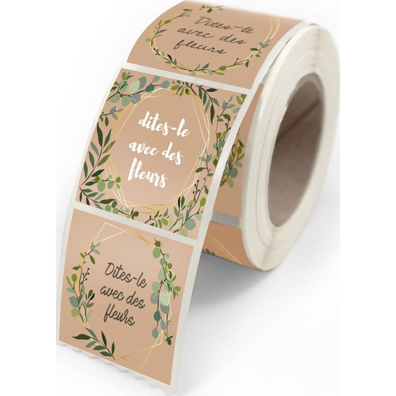 ETIQUETTES DITES LE AVEC DES FLEURS 4 MOTIFS 40X35 MM BOITE DE 500