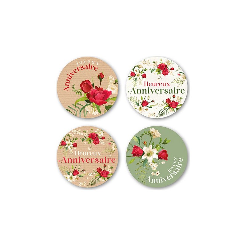 ETIQUETTES JOYEUX ANNIVERSAIRE 4 MOTIFS D35MM BOITE DE 500
