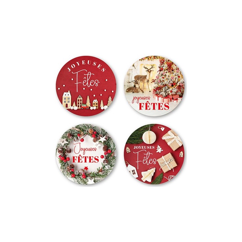 ETIQUETTES JOYEUSES FETES 4 MOTIFS D35MM BOITE DE 500