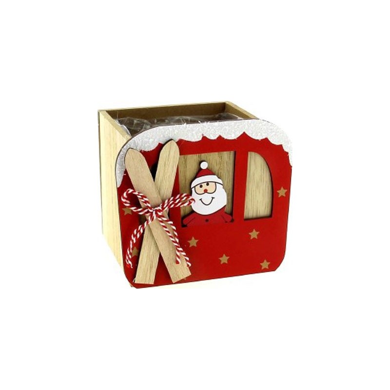 CARRE BOIS SKI PERE NOEL ROUGE 11*11 H10.5CM