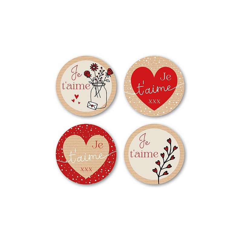 ETIQUETTE JE T'AIME 4 MOTIFS - Ø40 MM - BOITE DE 500