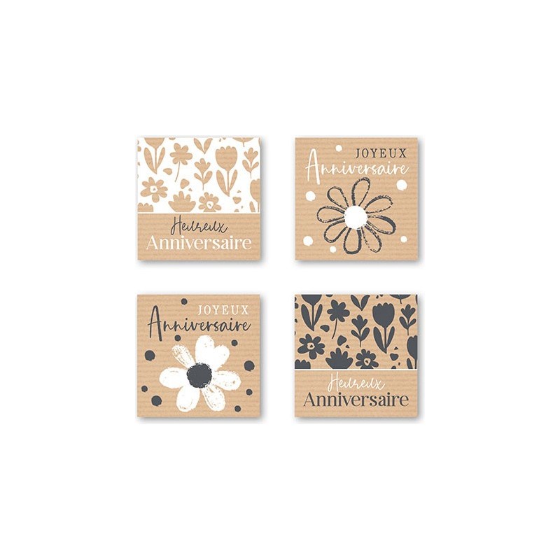 ETIQUETTE ANNIVERSAIRE 4 MOTIFS 35X35 MM - BOITE DE 500