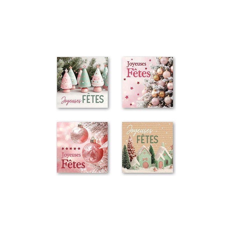 ETIQUETTE JOYEUSES FÊTES 4 MOTIFS 35X35 MM - BOITE DE 500
