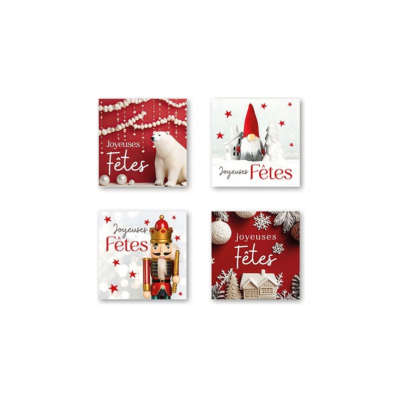 ETIQUETTE JOYEUSES FÊTES ROUGE 4 MOTIFS 35X35 MM - BOITE DE 500