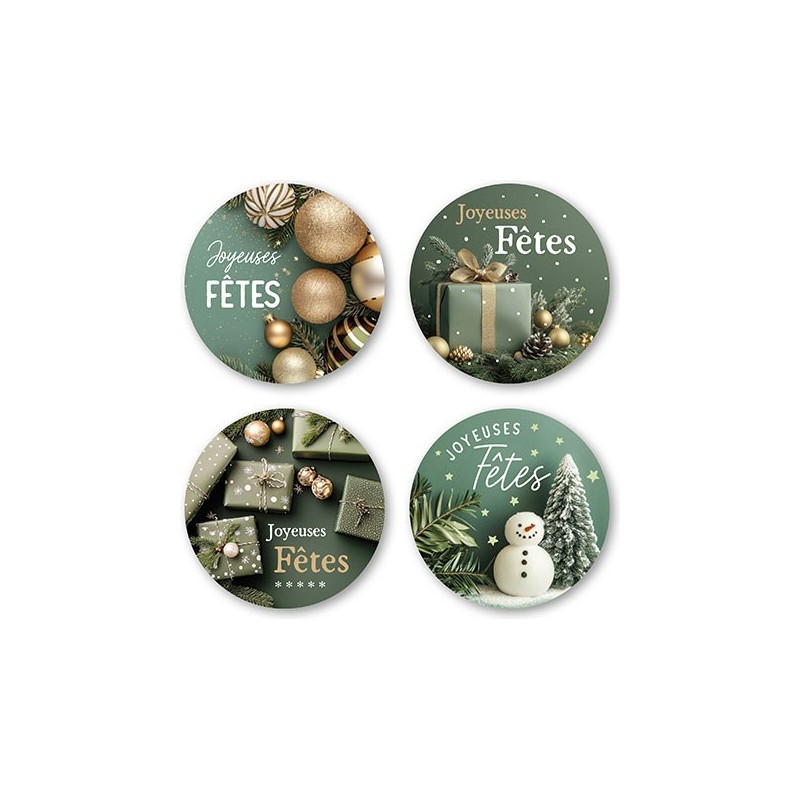 ETIQUETTE JOYEUSES FÊTES VERT 4 MOTIFS - Ø40 MM - BOITE DE 500