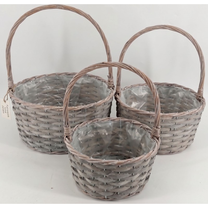 S/3 ROUND WILLOW + WOOD CHIP HANDLE BASKET