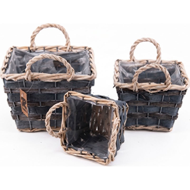 S/3 SQUARE WILLOW AND WOOD CHIP HANDLE BASKET