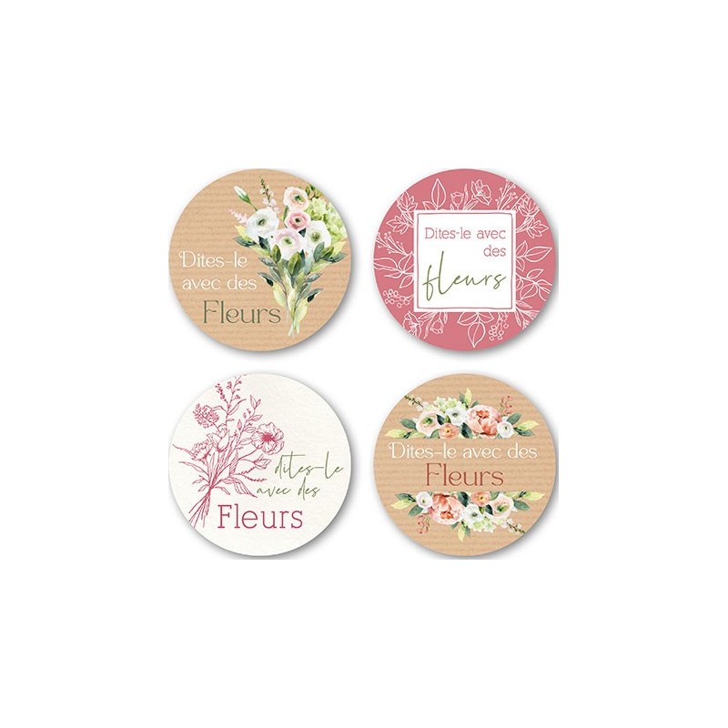 ETIQUETTES DITES LE AVEC DES FLEURS 4 MOTIFS D40MM BOITE DE 500