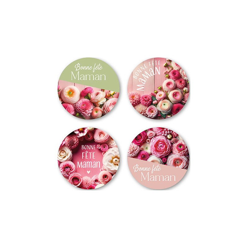 ETIQUETTES BONNE FETE MAMAN 4 MOTIFS D40MM BOITE DE 500