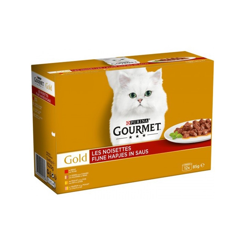 12 BOITE GOURMET  Noisettes : Bœuf, Poulet-Foie, Dinde-Canard, Saumon-Poulet ( ctn de  8pcs)