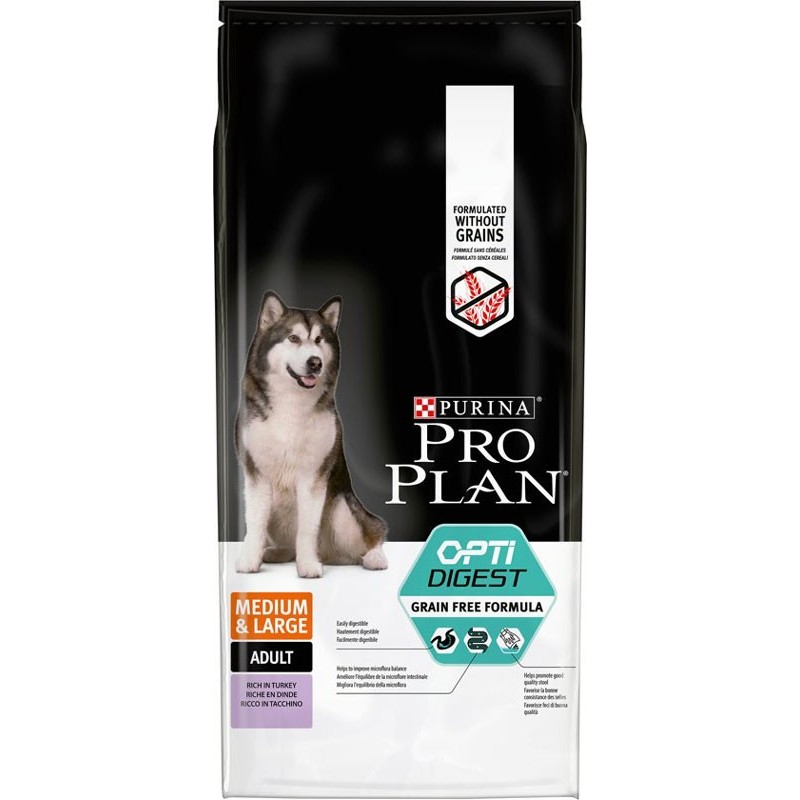 PROPLAN ADULT MED/LARGE GRAIN FREE DINDE DIGESTION 12KG*+